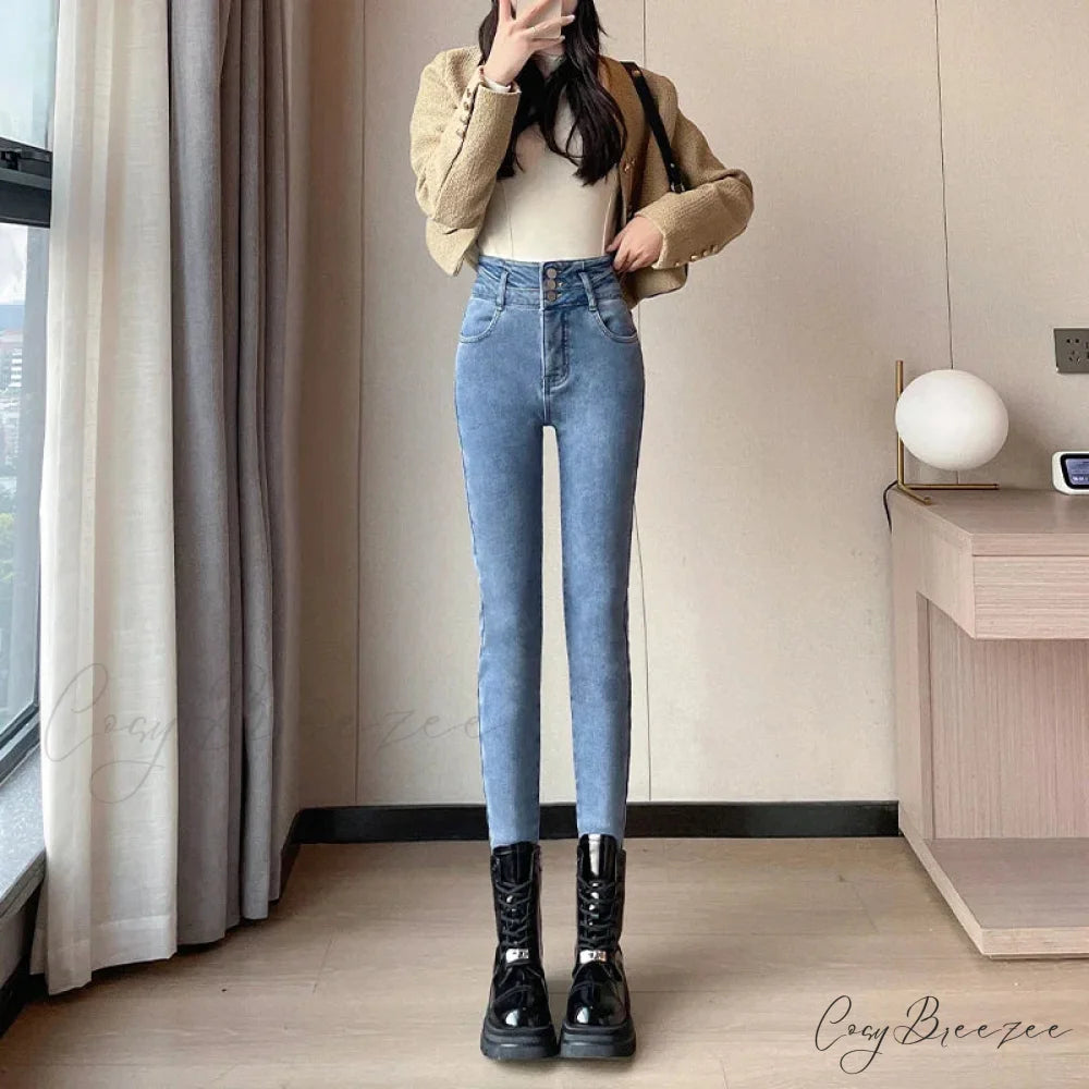Winter Women Stretch Skinny Retro Patchwork Warm Thick Pencil Pants Slim Stretch Denim Trousers Jean Retro-Plush / 25