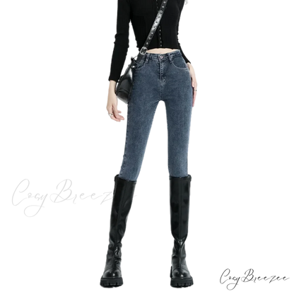 Winter Women Stretch Thicken Lamb Fluff High Waist Fleece Lined Warm Slim Denim Pencil Pants Jean