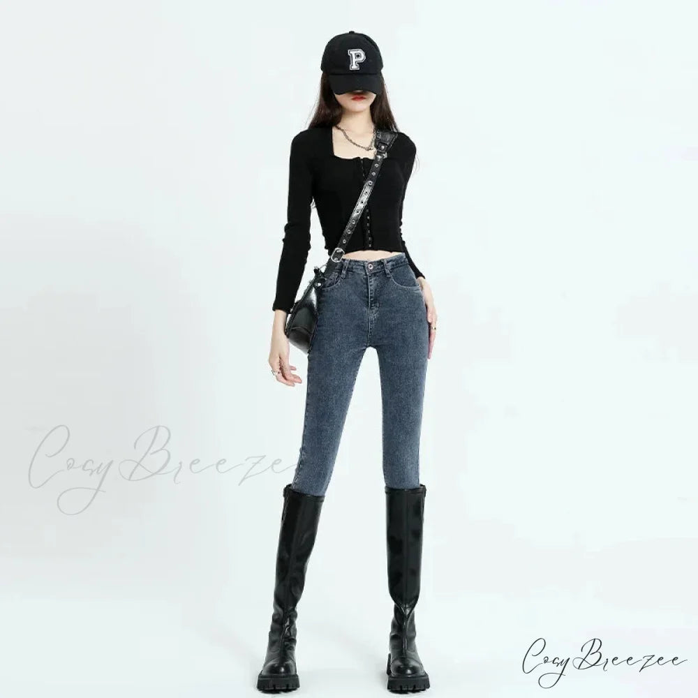 Winter Women Stretch Thicken Lamb Fluff High Waist Fleece Lined Warm Slim Denim Pencil Pants Jean Blue Grey / 25