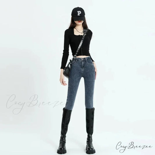 Winter Women Stretch Thicken Lamb Fluff High Waist Fleece Lined Warm Slim Denim Pencil Pants Jean Blue Grey / 25