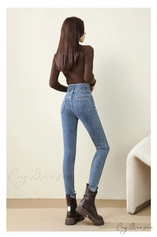 Winter Women Thicken Lamb Fluff High Waist Stretchy Fleece Lined Warm Slim Denim Pencil Pants Jean Blue Grey / 25