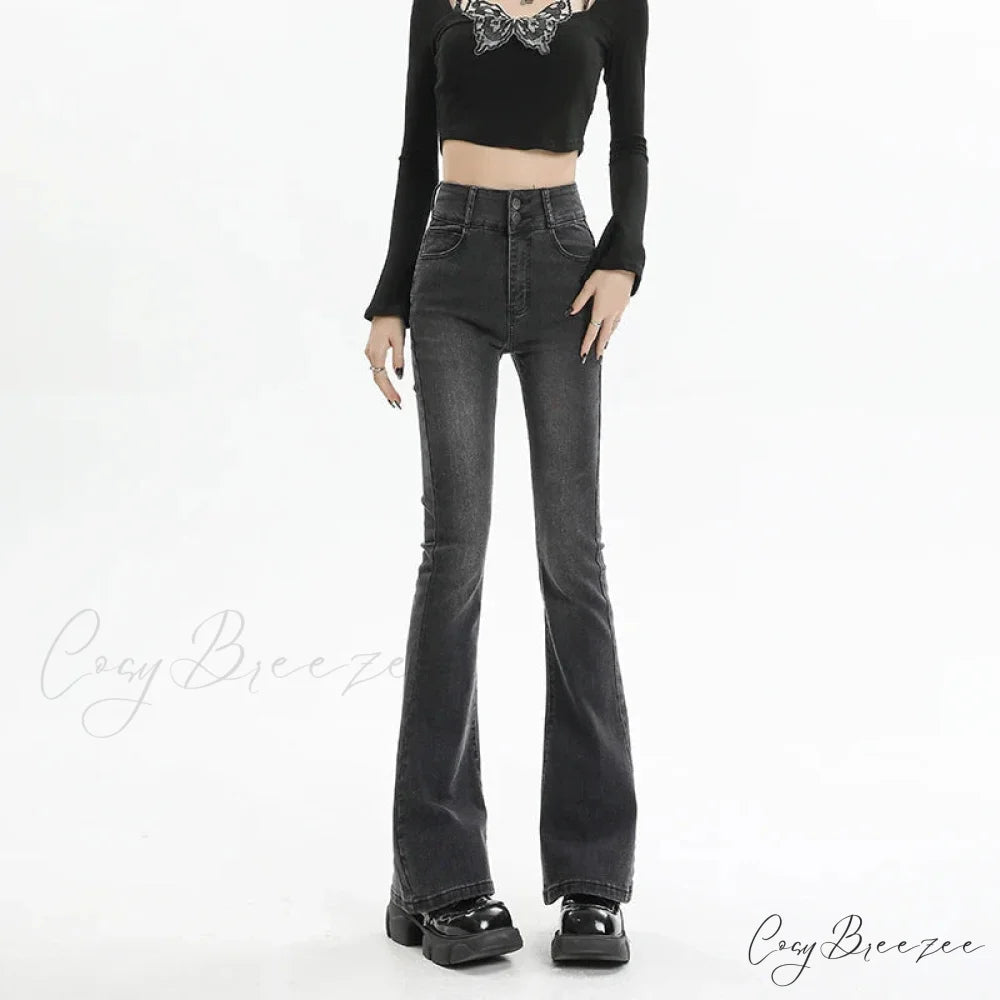 Winter Women’s Plus Velvet Warm Black Flare Vintage High Waist Harajuku Streetwear Wide Leg Straight Denim Trousers Y2K