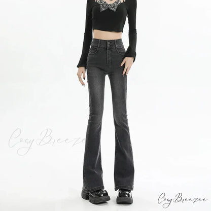Winter Women’s Plus Velvet Warm Black Flare Vintage High Waist Harajuku Streetwear Wide Leg Straight Denim Trousers Y2K