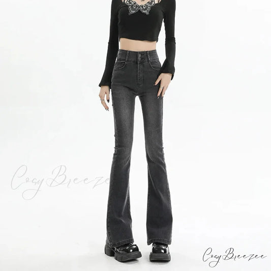 Winter Women’s Plus Velvet Warm Black Flare Vintage High Waist Harajuku Streetwear Wide Leg Straight Denim Trousers Y2K