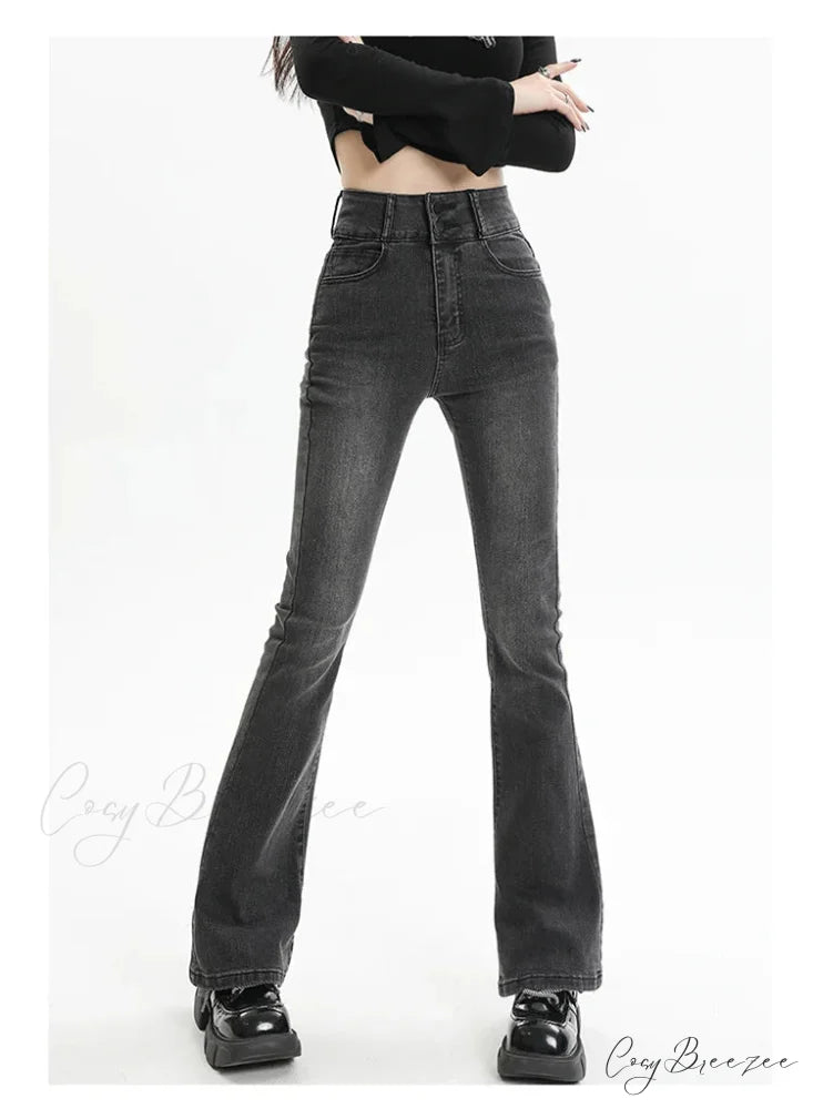 Winter Women’s Plus Velvet Warm Black Flare Vintage High Waist Harajuku Streetwear Wide Leg Straight Denim Trousers Y2K