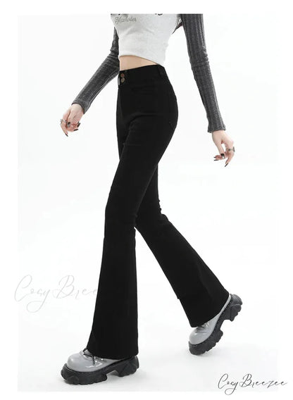 Winter Women’s Plus Velvet Warm Black Flare Vintage High Waist Harajuku Streetwear Wide Leg Straight Denim Trousers Y2K