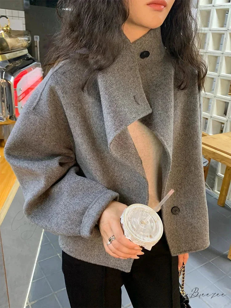 Winter Wool Stand Collar Single-Breasted Coat Gray / One Size overcoats-241228
