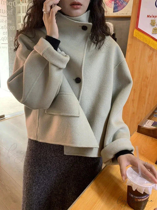 Winter Wool Stand Collar Single-Breasted Coat Khaki beige / One Size overcoats-241228