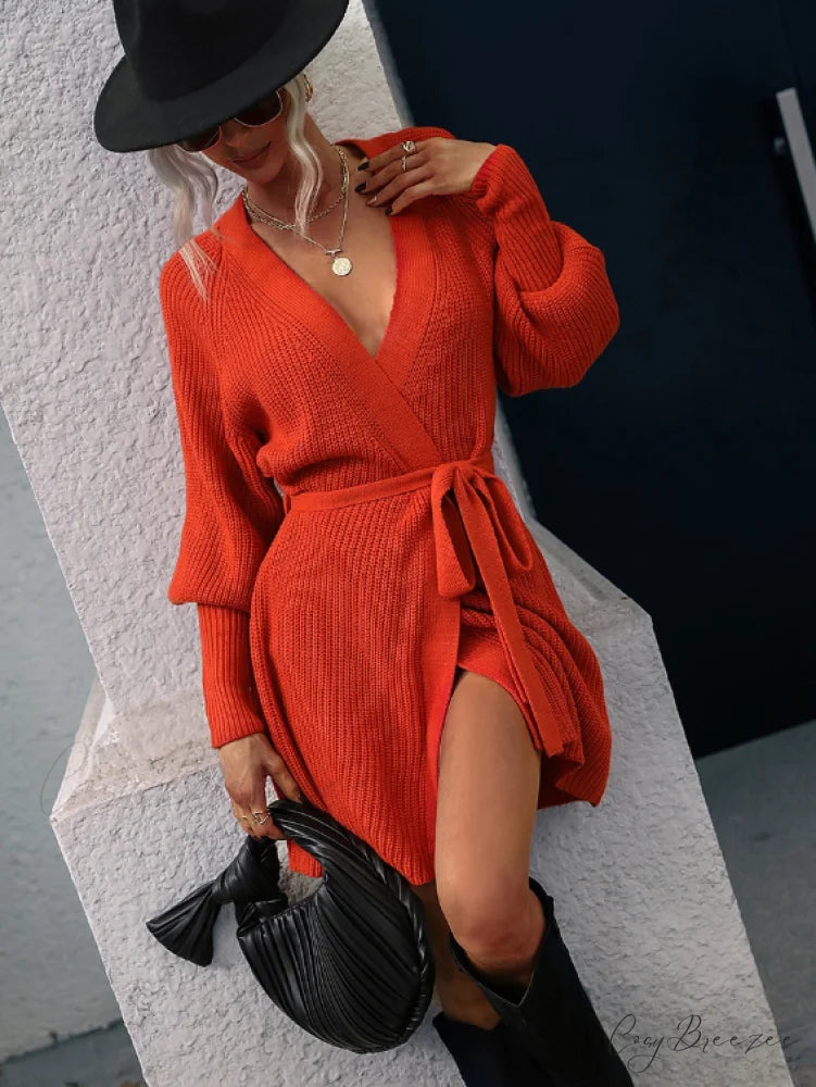 Winter Wrap Dress Women Long Sleeve Office Cardigan Tunic Solid Color M / GREEN
