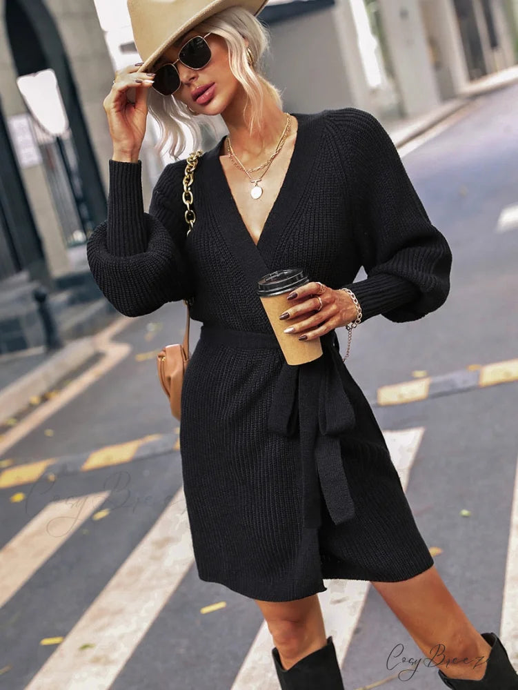 Winter Wrap Dress Women Long Sleeve Office Cardigan Tunic Solid Color XL / BLACK