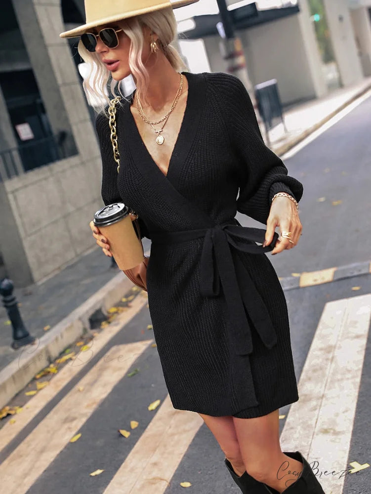 Winter Wrap Dress Women Long Sleeve Office Cardigan Tunic Solid Color XL / GREEN