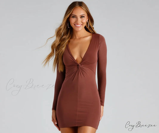 With A Twist Charming Long Sleeve Mini Dress RED BROWN / XS