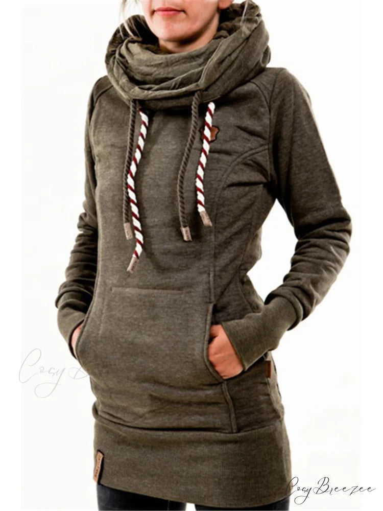 with and Front Hooded Pocket Fit Slim Sweatshirt Pullover Drawstring Army Green / S