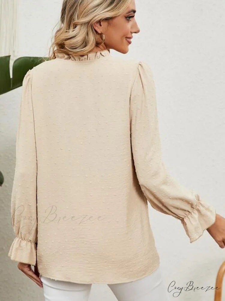 with Arm Blouse V-Neck Flounce Button Up