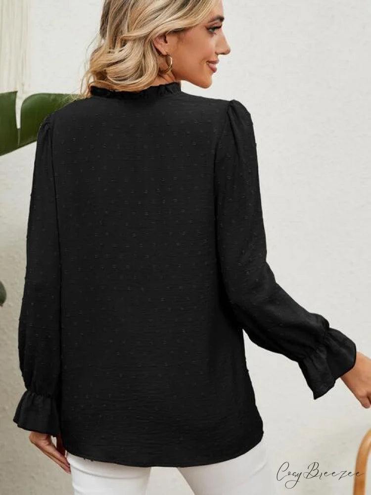 with Arm Blouse V-Neck Flounce Button Up