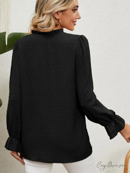 with Arm Blouse V-Neck Flounce Button Up