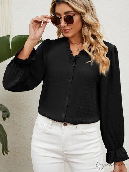 with Arm Blouse V-Neck Flounce Button Up Black / S