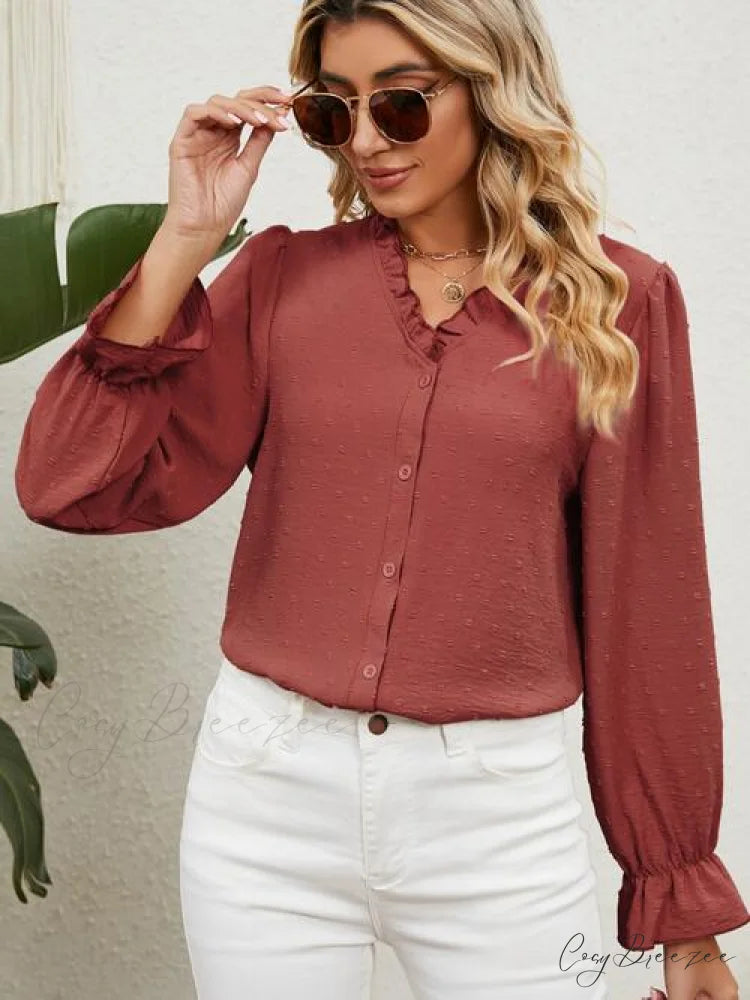 with Arm Blouse V-Neck Flounce Button Up Chestnut / S