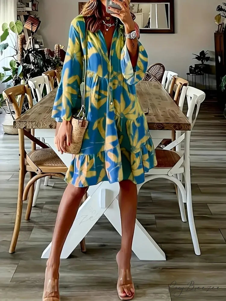 with Arm Long Gown Leaves Full-Length Tiered Print M / Pink