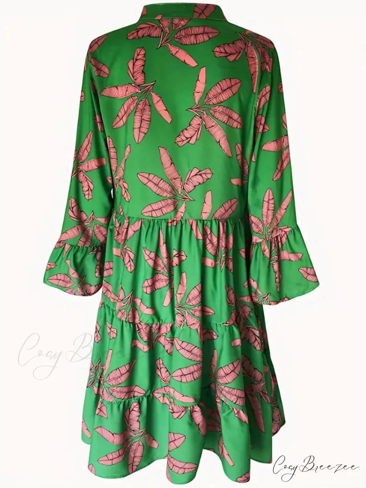 with Arm Long Gown Leaves Full-Length Tiered Print S / Blue