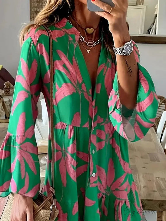 with Arm Long Gown Leaves Full-Length Tiered Print S / Purple