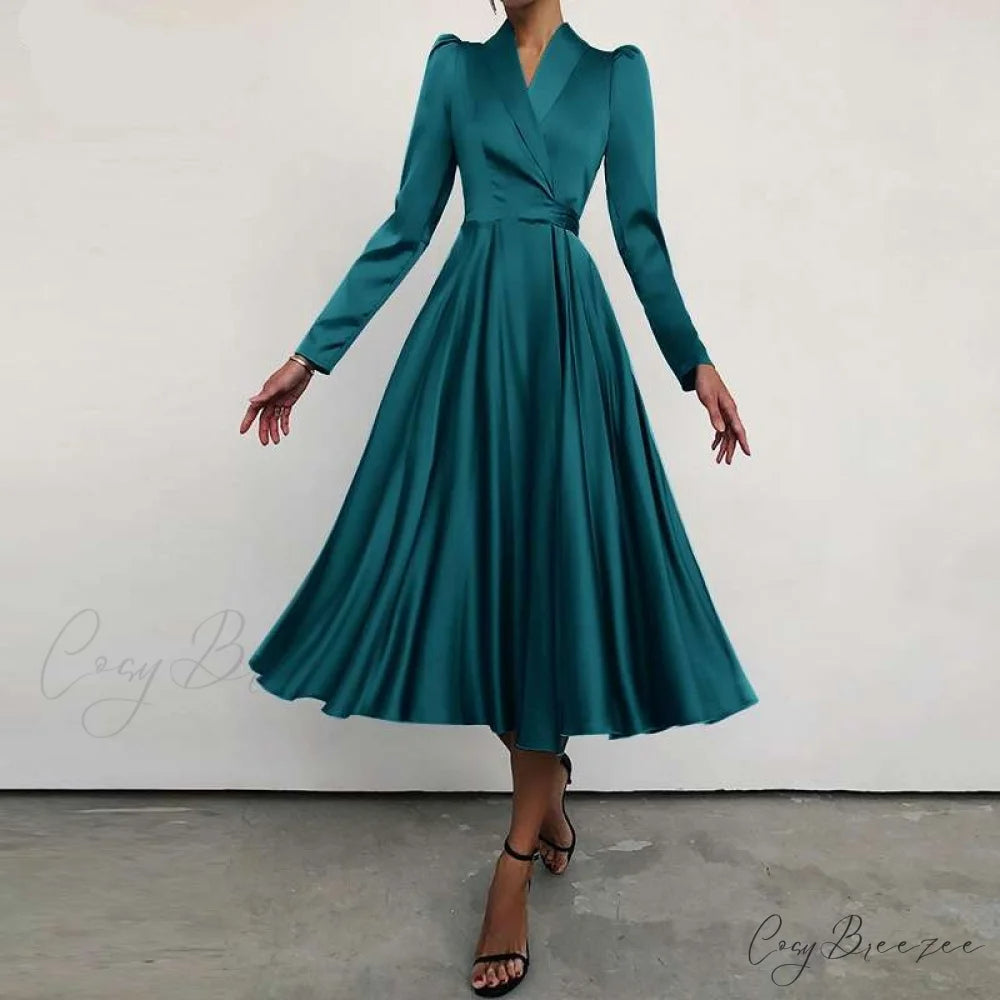 with Autumn Gown Neckline Elegant Folded Satin - Suit Women’s Waist Parties Midi Swing for Bandage Vestidos