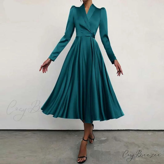 with Autumn Gown Neckline Elegant Folded Satin - Suit Women’s Waist Parties Midi Swing for Bandage Vestidos