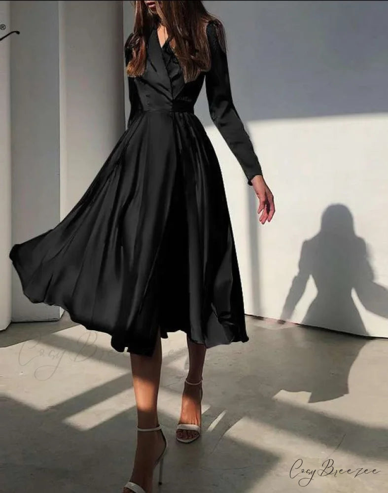 with Autumn Gown Neckline Elegant Folded Satin - Suit Women’s Waist Parties Midi Swing for Bandage Vestidos
