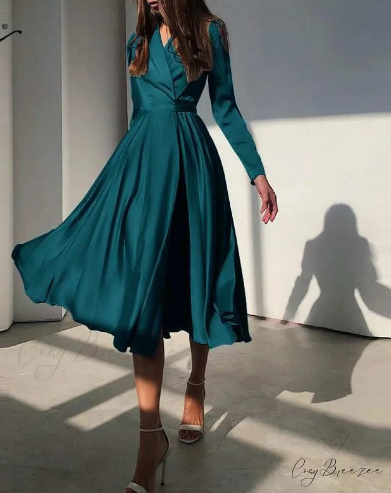 with Autumn Gown Neckline Elegant Folded Satin - Suit Women’s Waist Parties Midi Swing for Bandage Vestidos