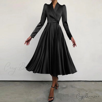 with Autumn Gown Neckline Elegant Folded Satin - Suit Women’s Waist Parties Midi Swing for Bandage Vestidos black / S
