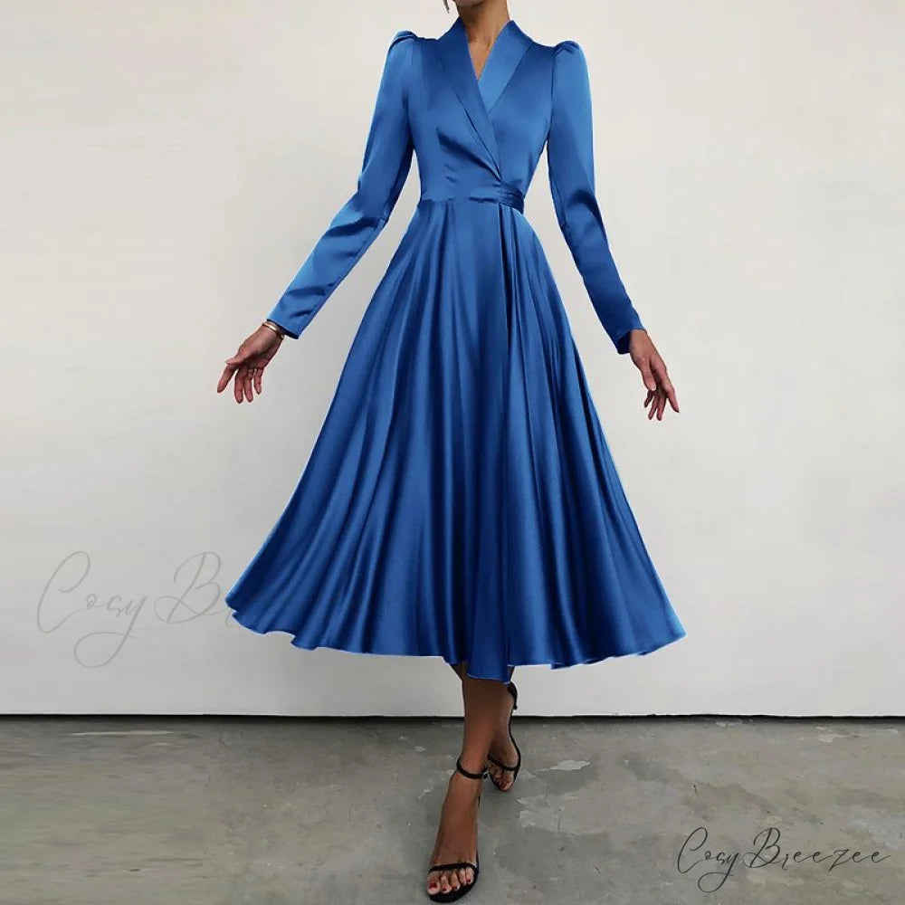 with Autumn Gown Neckline Elegant Folded Satin - Suit Women’s Waist Parties Midi Swing for Bandage Vestidos Blue / S