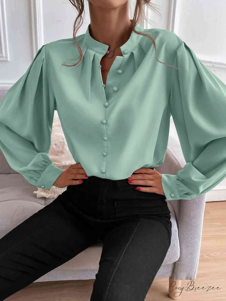 with Blouse Long Front Arm Button Mock Neck
