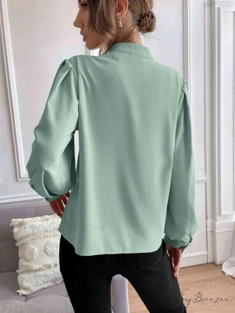 with Blouse Long Front Arm Button Mock Neck