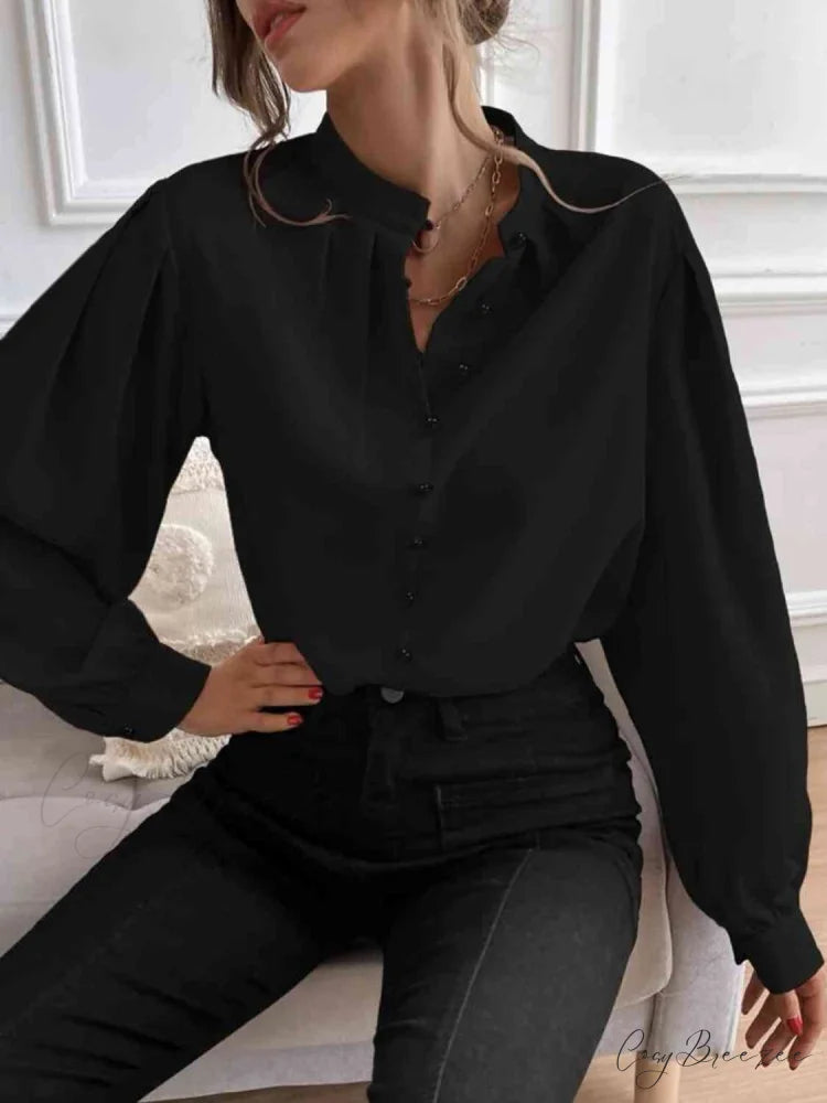 with Blouse Long Front Arm Button Mock Neck Black / S