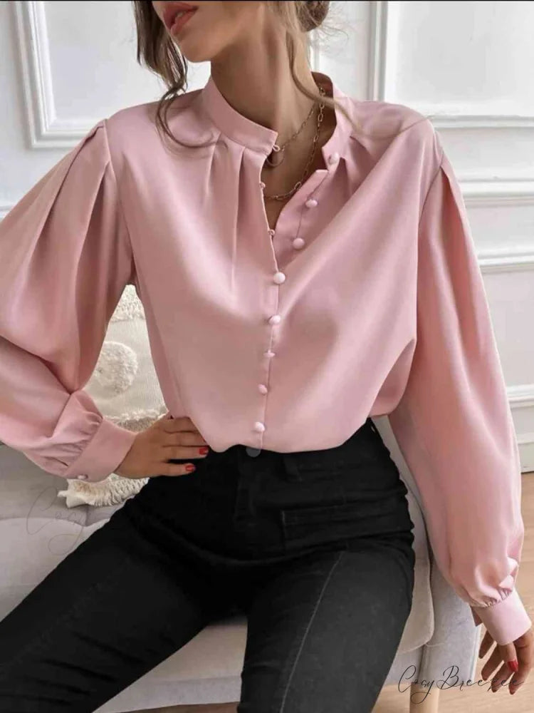 with Blouse Long Front Arm Button Mock Neck Blush Pink / S