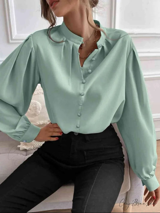 with Blouse Long Front Arm Button Mock Neck Gum Leaf / S
