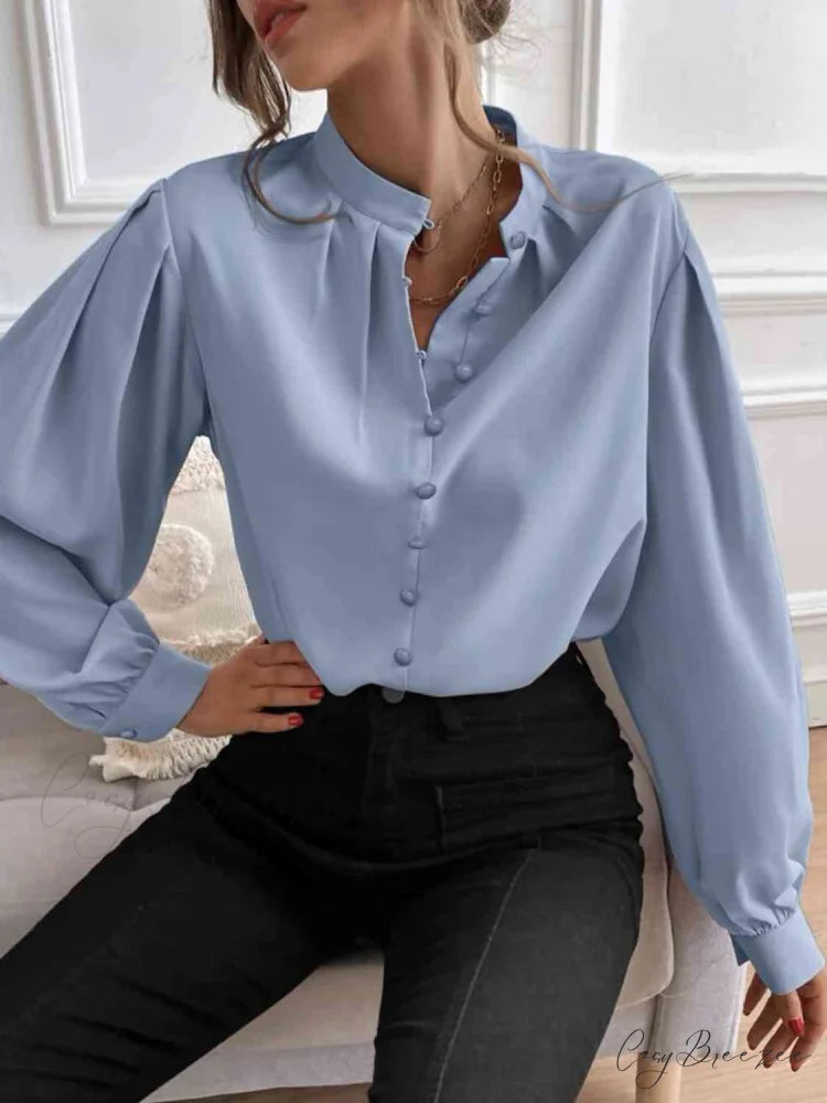 with Blouse Long Front Arm Button Mock Neck Misty Blue / S