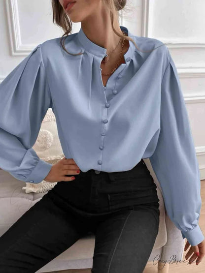 with Blouse Long Front Arm Button Mock Neck Misty Blue / S