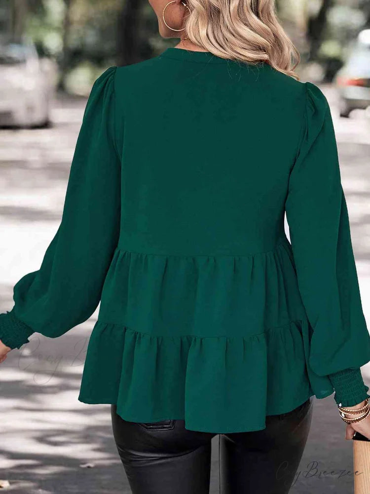 with Blouse Notched Arm Lantern Neck