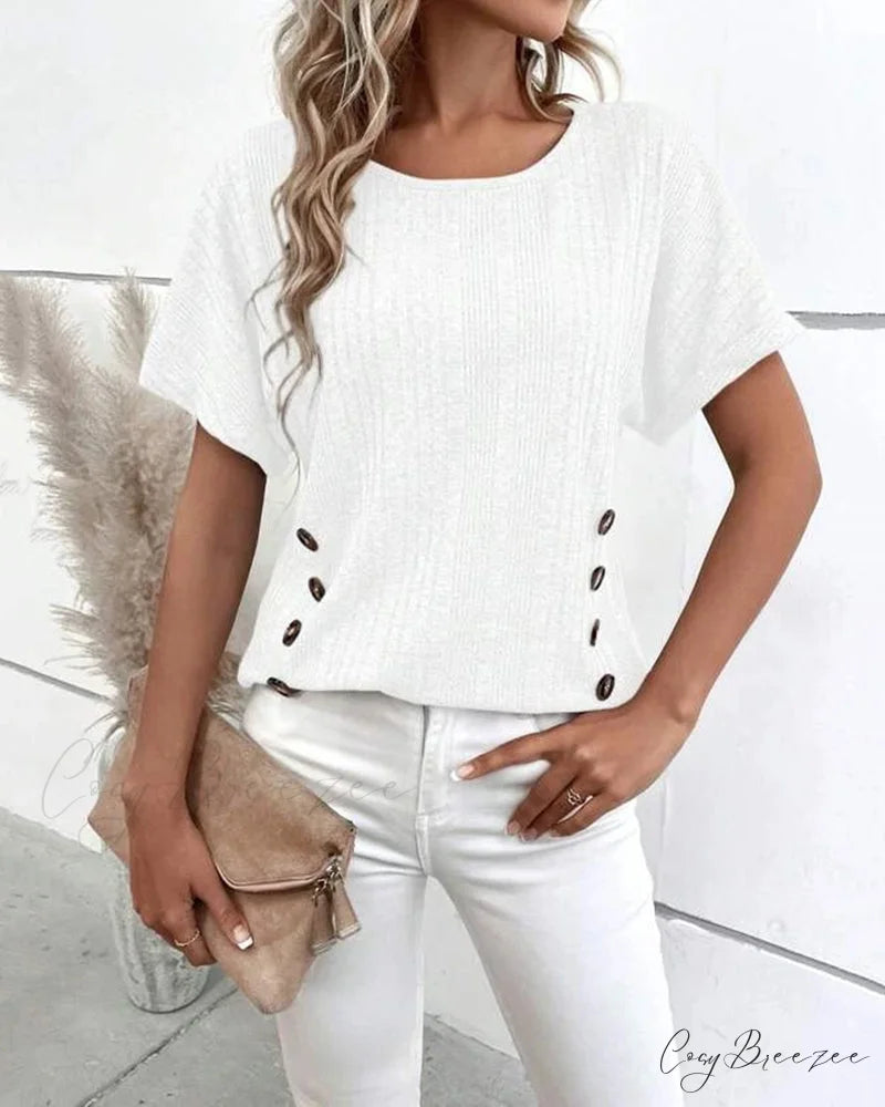 with Button Batwing Tee Arm Detail White / S