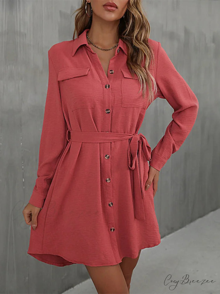 With Button Down Mini Gown Collared Waist for Tie Women Red / S