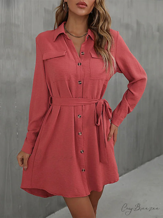 With Button Down Mini Gown Collared Waist for Tie Women Red / S