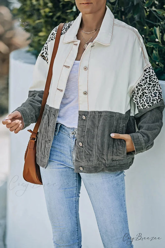with Corduroy Block Shacket Leopard Color Buttons Gray / S
