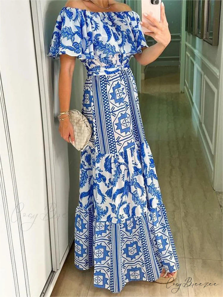 with Design Shoulder Full-Length Gown Geometric Off Ruffle Design M / Blue