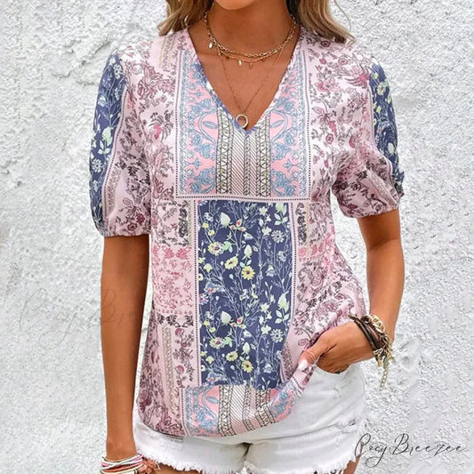 with Ethnic Blouse Flowered Influence Pink / S