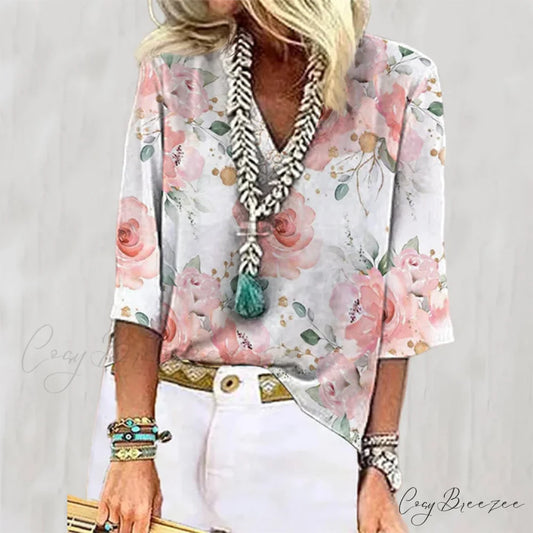 with Flowered Casual Blouse Print Pink / S
