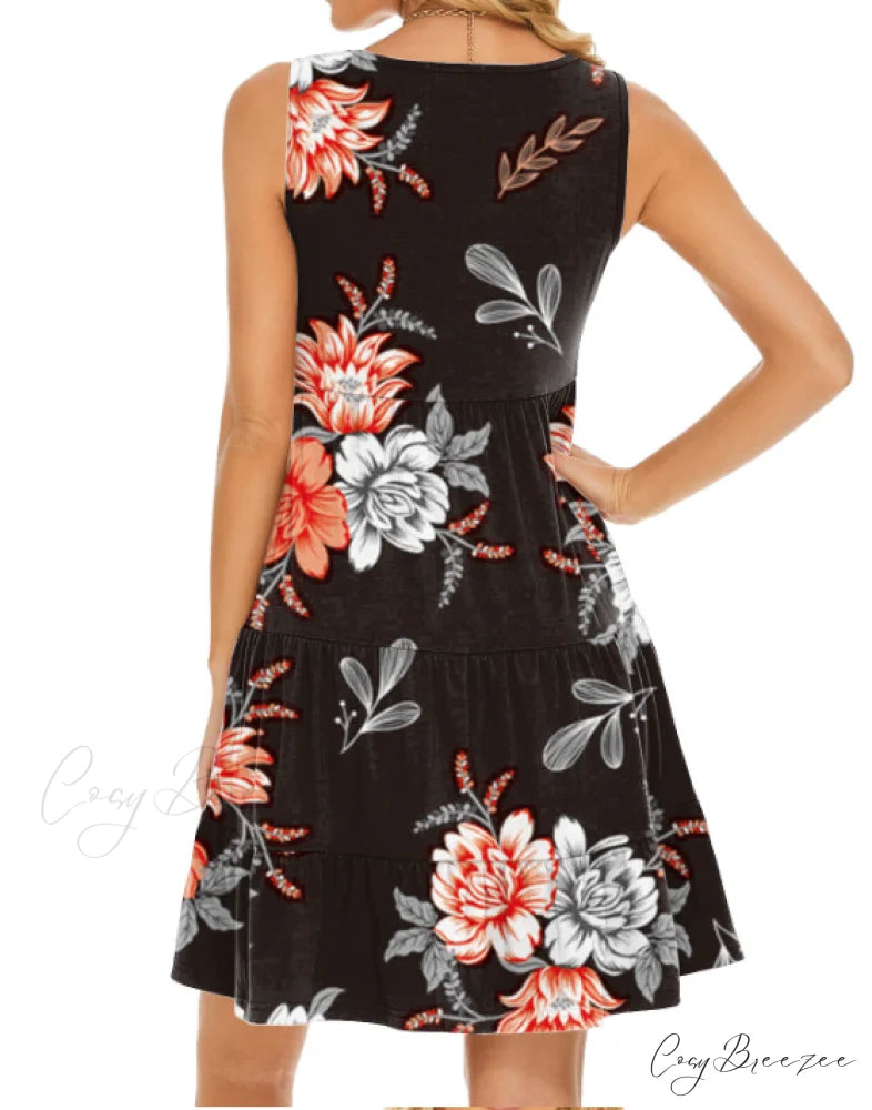 with Flowy Flowered Swing Sleeveless Neck Design Tiered Coastal - and Gown Mini Scoop Sundress M / BLACK