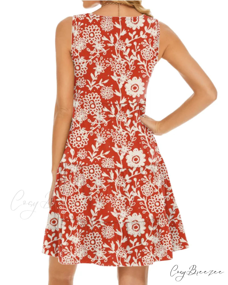 with Flowy Flowered Swing Sleeveless Neck Design Tiered Coastal - and Gown Mini Scoop Sundress S / BLACK