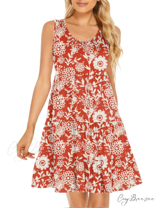 with Flowy Flowered Swing Sleeveless Neck Design Tiered Coastal - and Gown Mini Scoop Sundress S / RED
