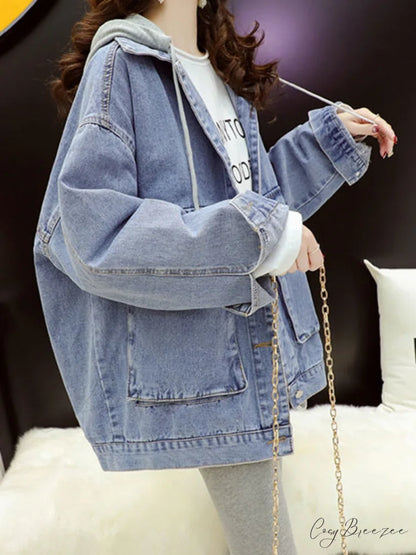 with - Hood Casual - Denim Spring Korean Fashion Black Women’s Jacket Patchwork Streetwear Style